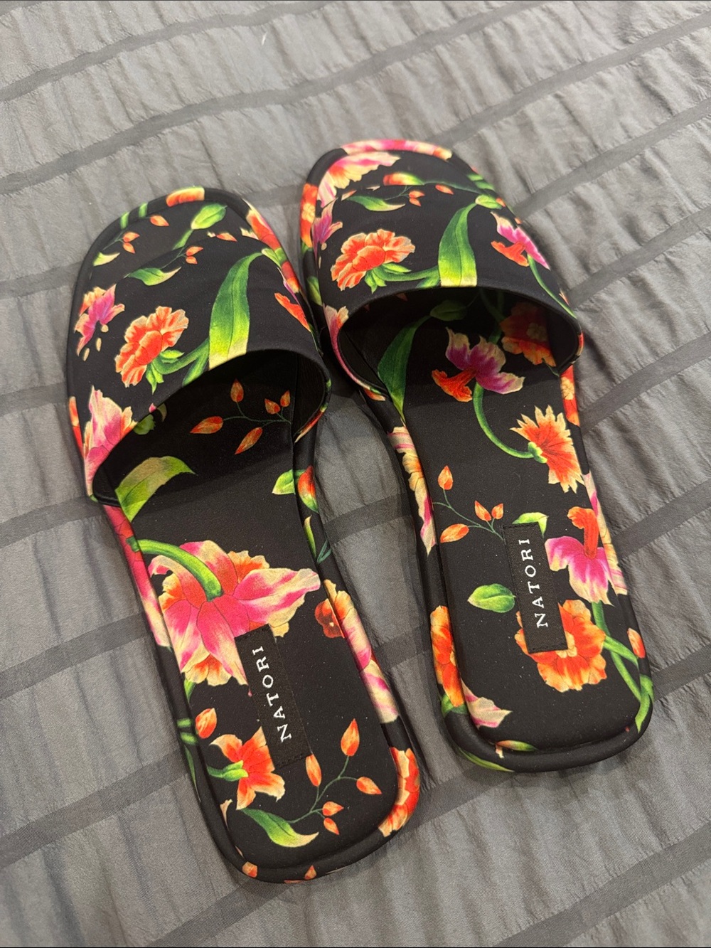 Natori Black Floral Slide Sandals with Pink & Orange Flowers
